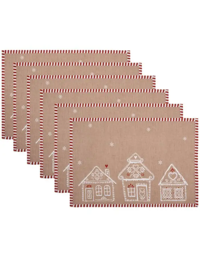 Clayre Eef Tischsets 6er Set 48x33 cm Braun Lebkuchenhaus Baumwolle