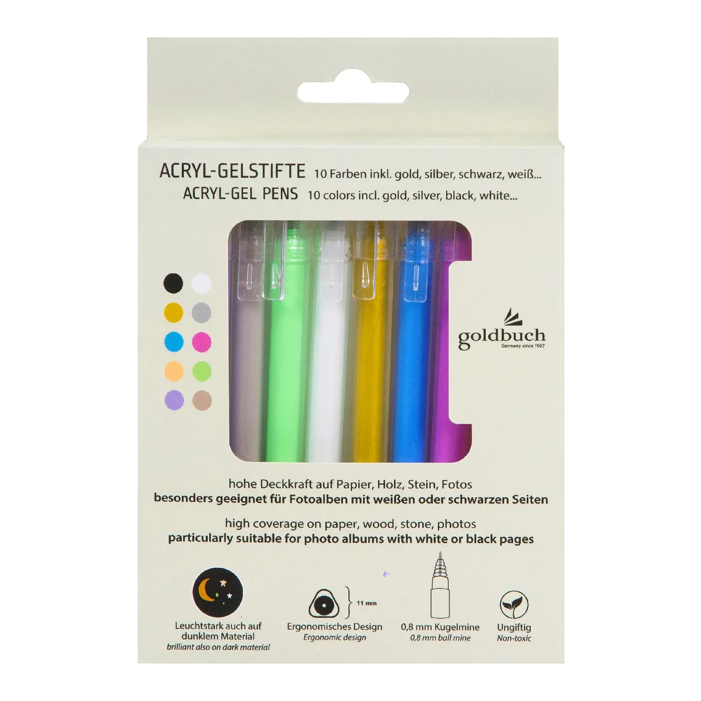 Goldbuch Acryl-Gelstifte Set 10 Farben Gold Silber Schwarz Weiß 0.8 mm