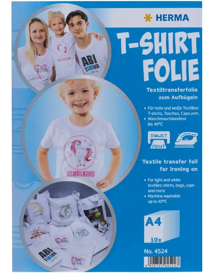 HERMA 4524 T-Shirt Transferfolie A4 für helle Textilien 10 Blatt